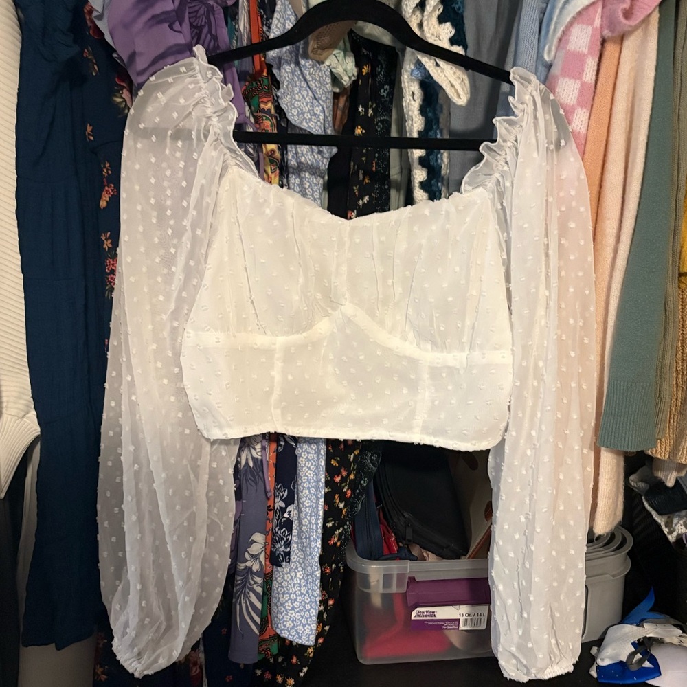 Large White Sheer Polka Dot Puff Sleeve Cropped Blouse SHEIN